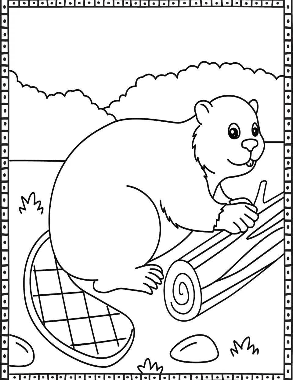 Coloring page in the seasonal set showing a beaver holding a log, with its broad, flat tail behind it