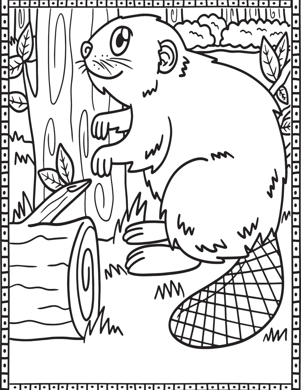 Coloring page in the seasonal set showing a beaver beside a tree trunk and cut log in a wooded setting