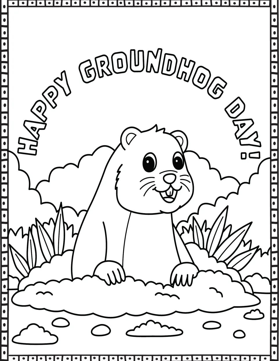 Groundhog Day coloring page showing a groundhog emerging from its burrow beneath 'HAPPY GROUNDHOG DAY!'