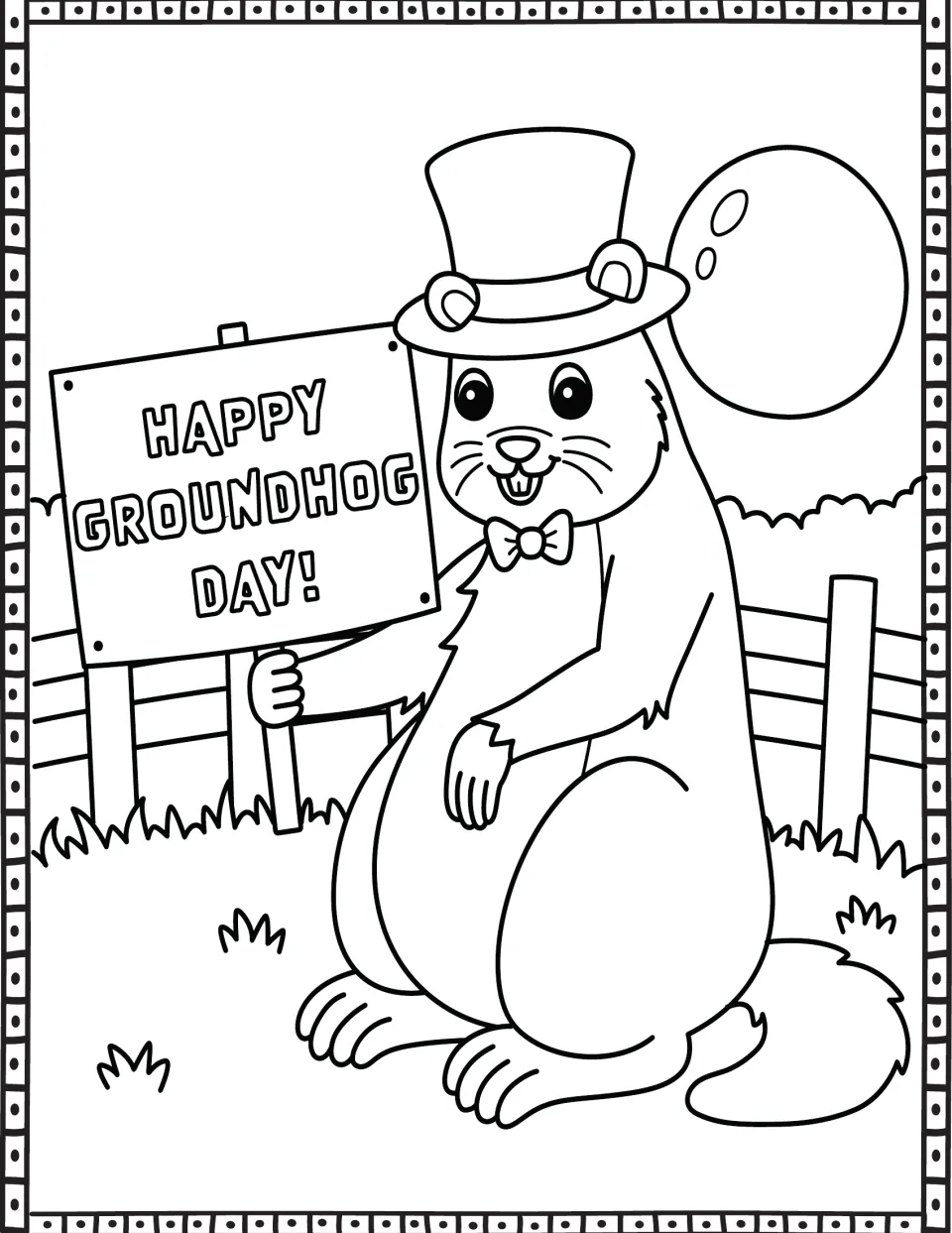 Groundhog Day coloring page showing a groundhog in a top hat and bow tie holding a holiday greeting sign