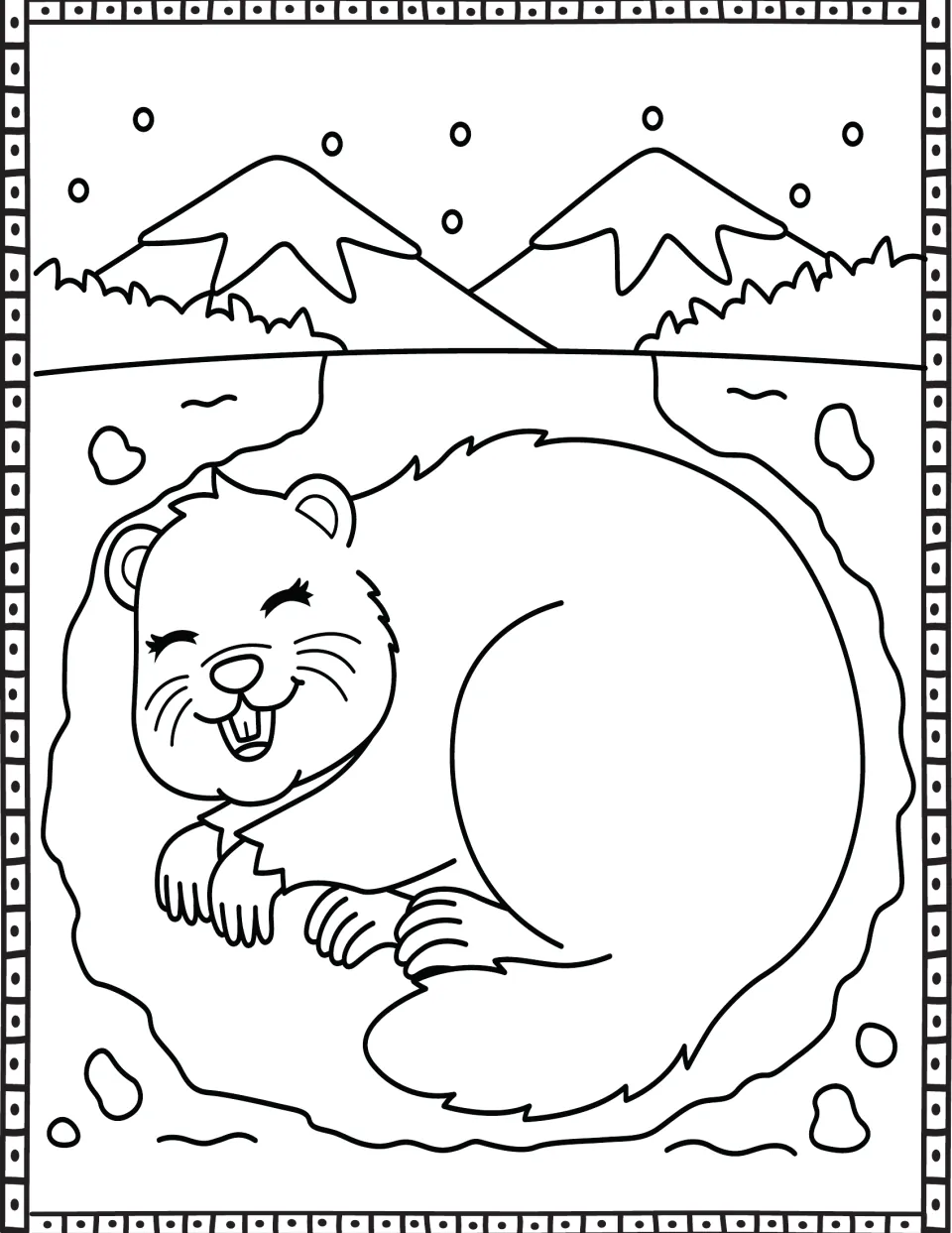 Groundhog Day coloring page showing a sleeping groundhog curled in an underground burrow below snowy mountains
