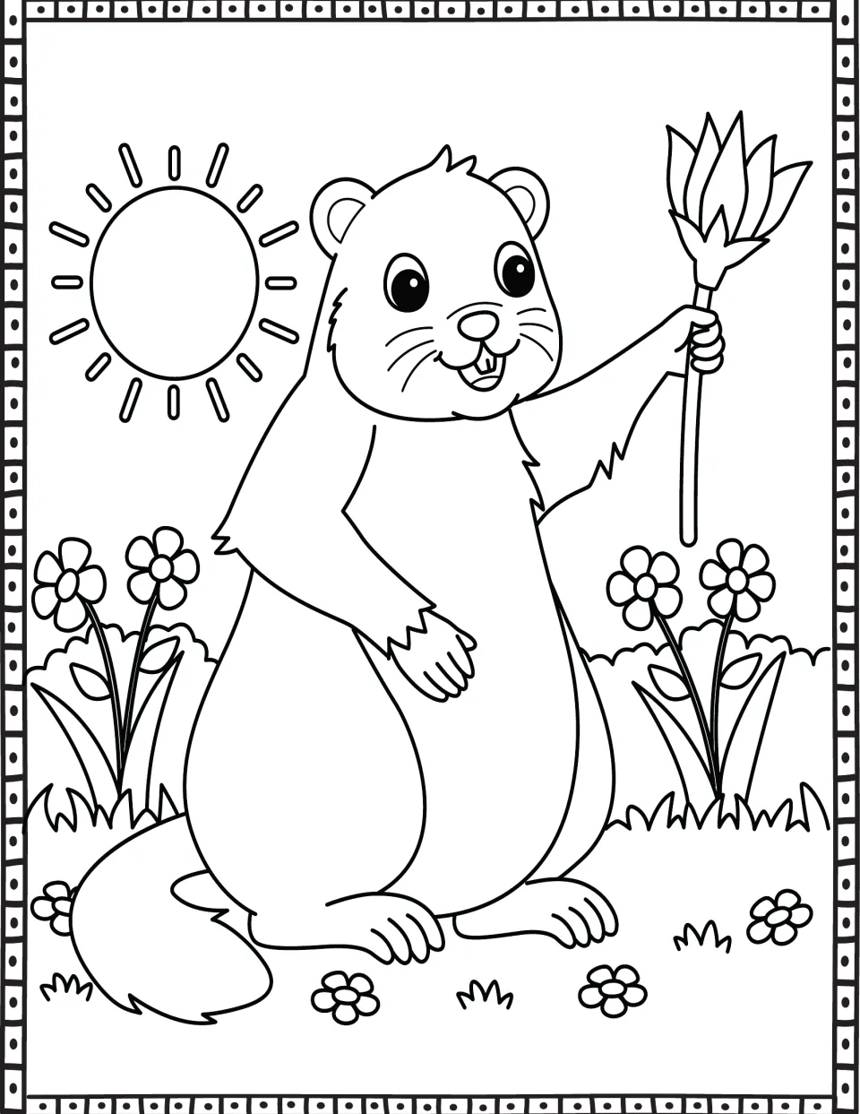 Groundhog Day coloring page showing a smiling groundhog holding a flower beside a sun and blooming plants