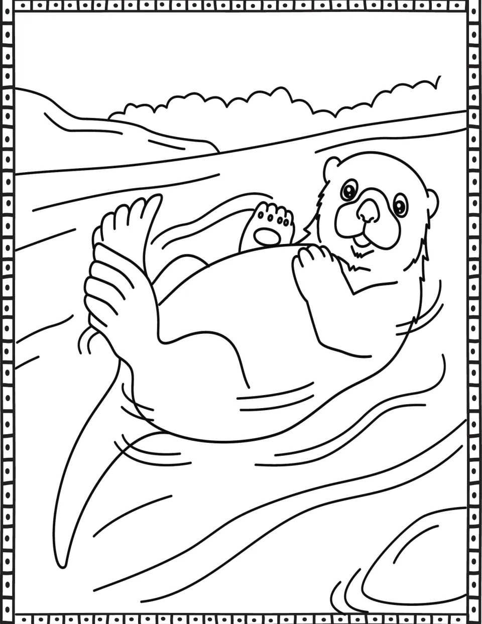 Coloring page in the seasonal set showing an otter floating on its back in water with its paws raised