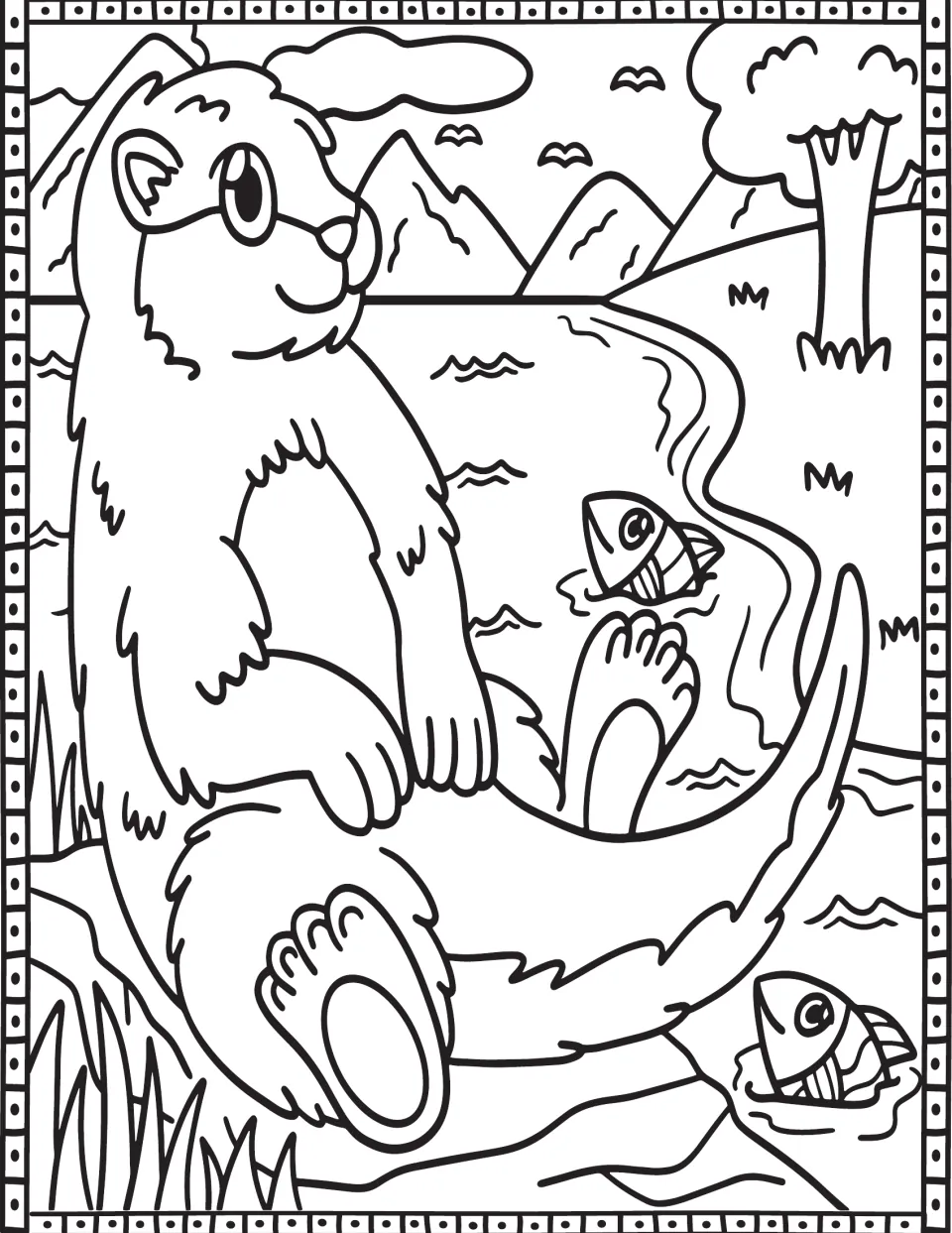 Coloring page in the seasonal set showing an otter sitting beside water with two fish and distant mountains