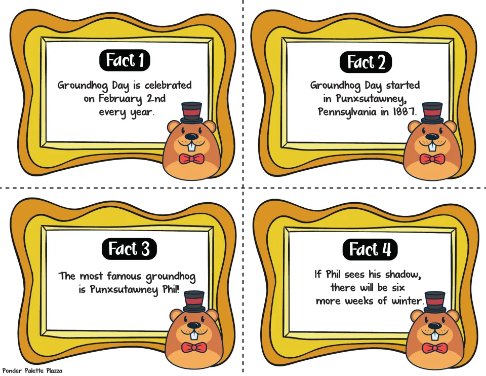 Groundhog facts 1-4 to cut apart and read: February 2nd date, 1887 Punxsutawney start, Phil, and the shadow legend