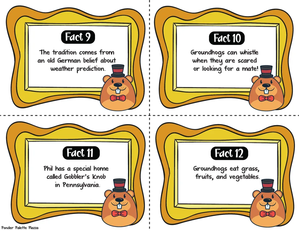 Facts 9-12 to read: German weather belief origin, whistling groundhogs, Gobbler's Knob home, and what groundhogs eat