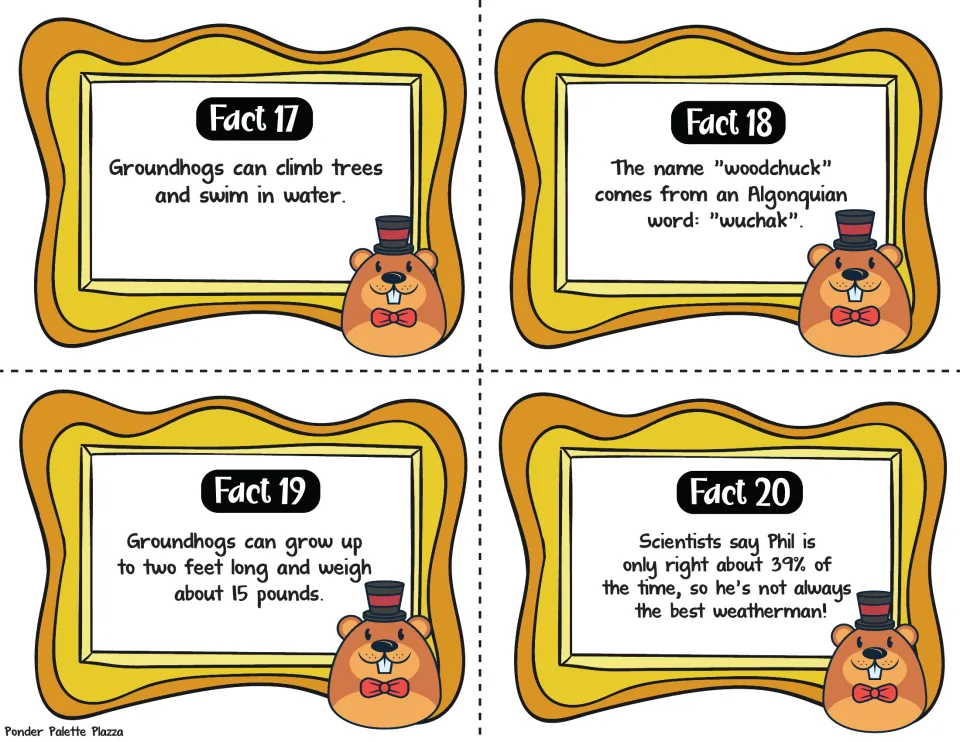 Facts 17-20 to read: climbing and swimming, Algonquian word wuchak, size and weight, and Phil's 39% accuracy rate