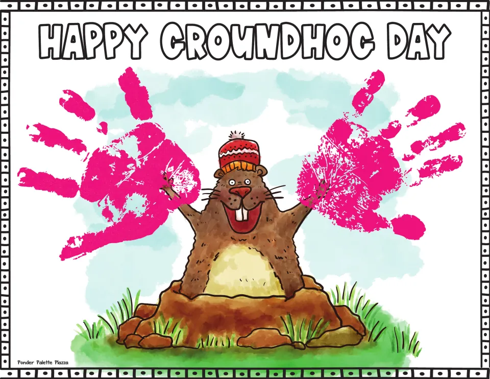 Groundhog Day handprint craft example: “Happy Groundhog Day” above a groundhog with two pink handprints.