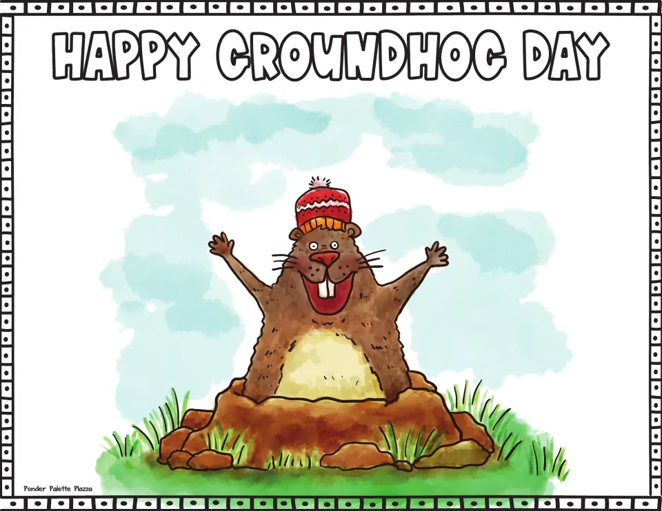 Groundhog Day handprint craft template: “Happy Groundhog Day” above a groundhog with raised arms.