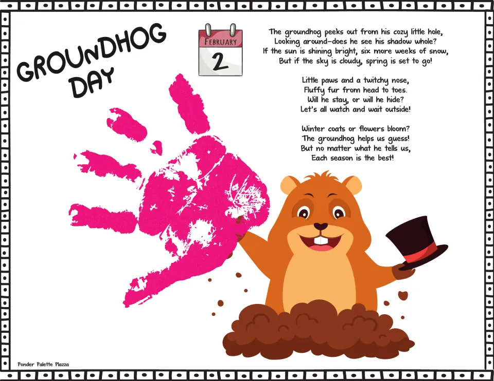 Groundhog Day sample: a pink handprint beside a groundhog in a hole, with a February 2 calendar and a shadow poem
