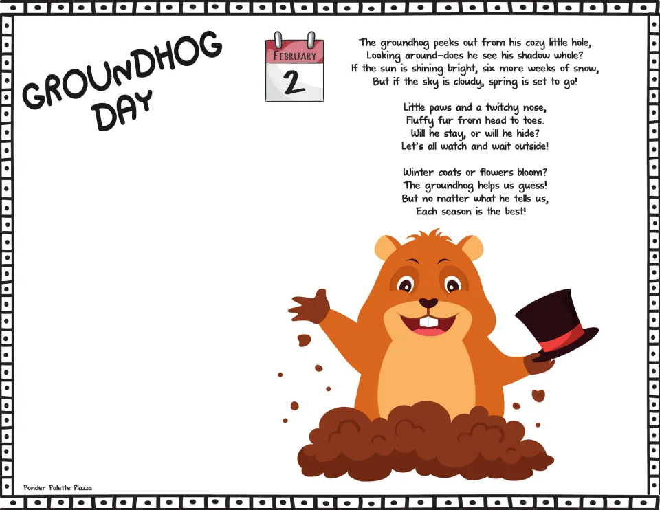 Groundhog Day template: students press a painted handprint in the blank space by the groundhog and February 2 poem