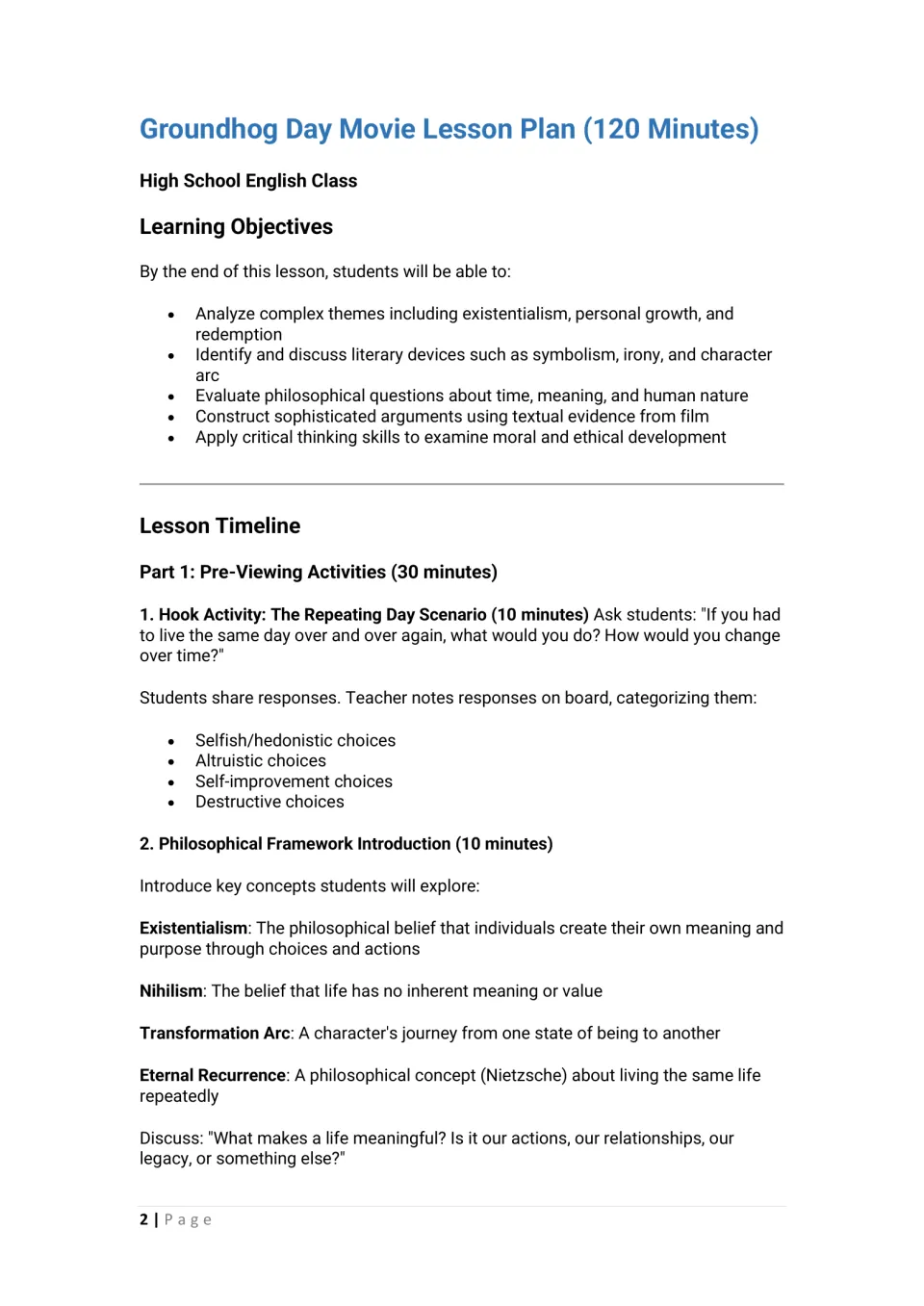 Film lesson opening: learning objectives, a repeating-day hook, and concepts including existentialism