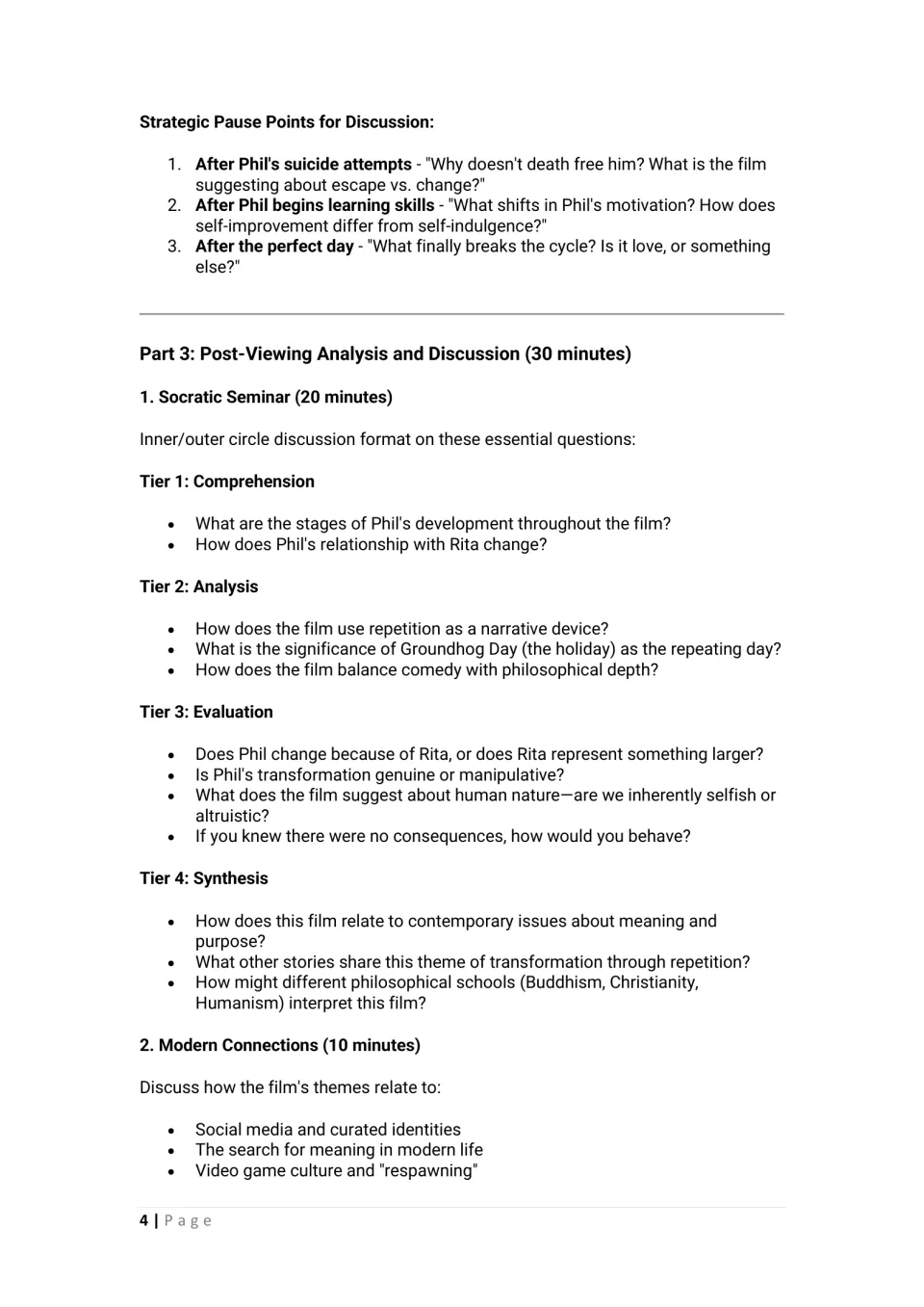 Film lesson discussion guide: pause points, four tiers of Socratic seminar questions, and modern connections