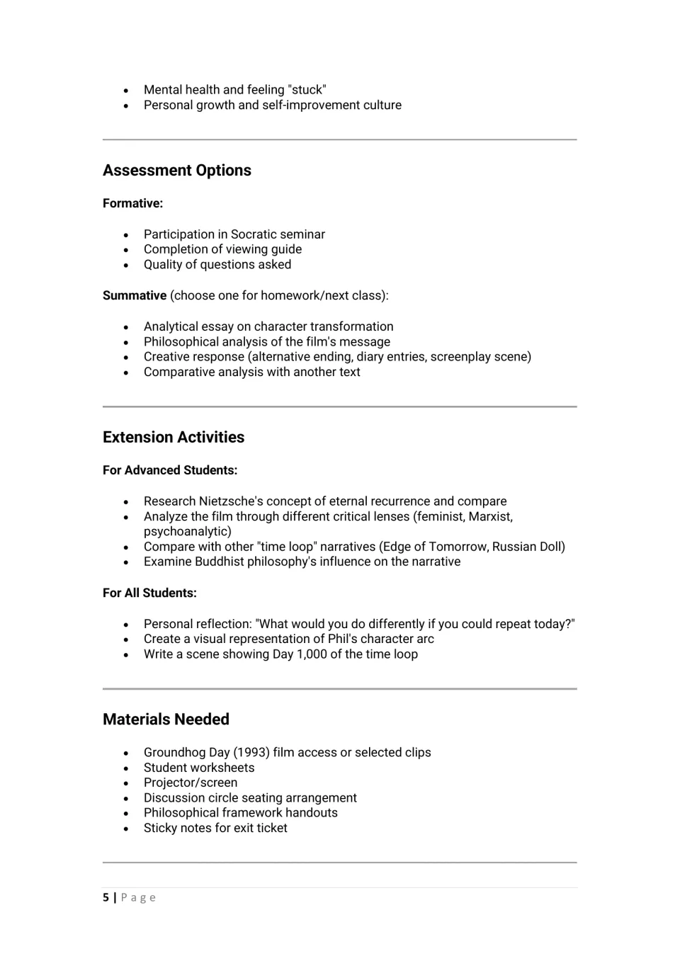 Film lesson assessment and extension options include essays, character arc visuals, and a materials list