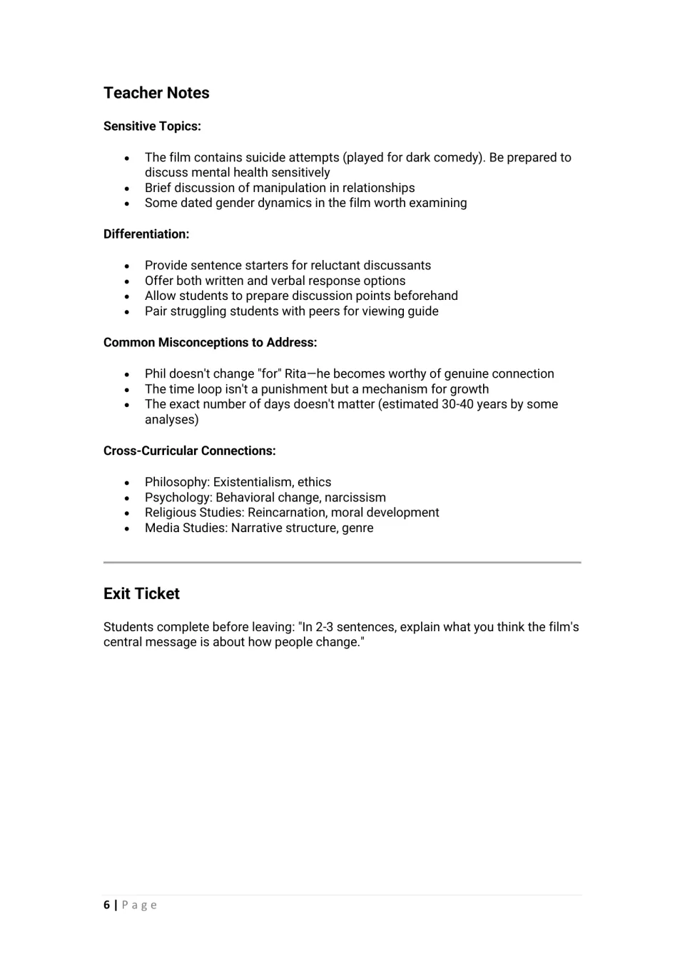 Film lesson teacher notes address sensitive topics, differentiation, misconceptions, and an exit ticket