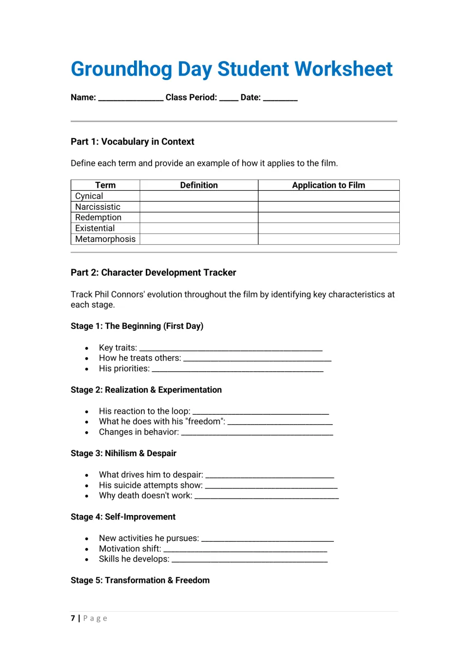 Student worksheet begins with five vocabulary terms and a tracker of Phil Connors' character development