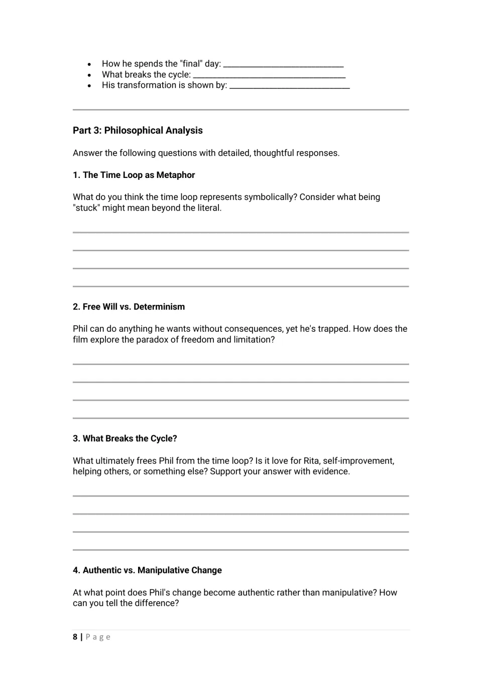 Student worksheet continues Phil's final stage and asks about the time loop, free will, and authentic change