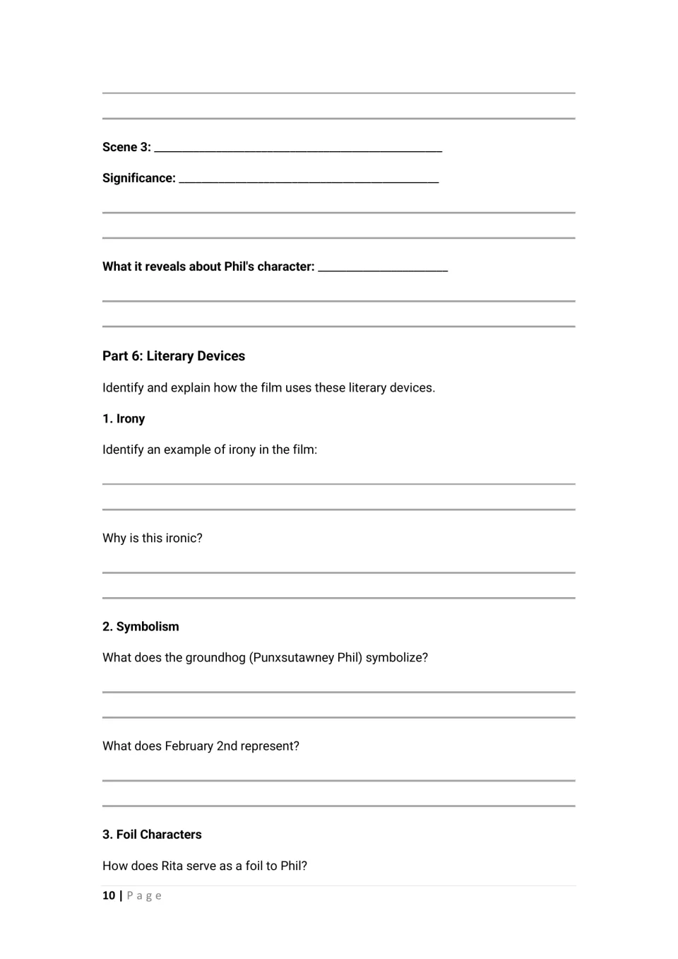 Student worksheet finishes pivotal scene analysis and examines irony, symbolism, and Rita as a foil to Phil