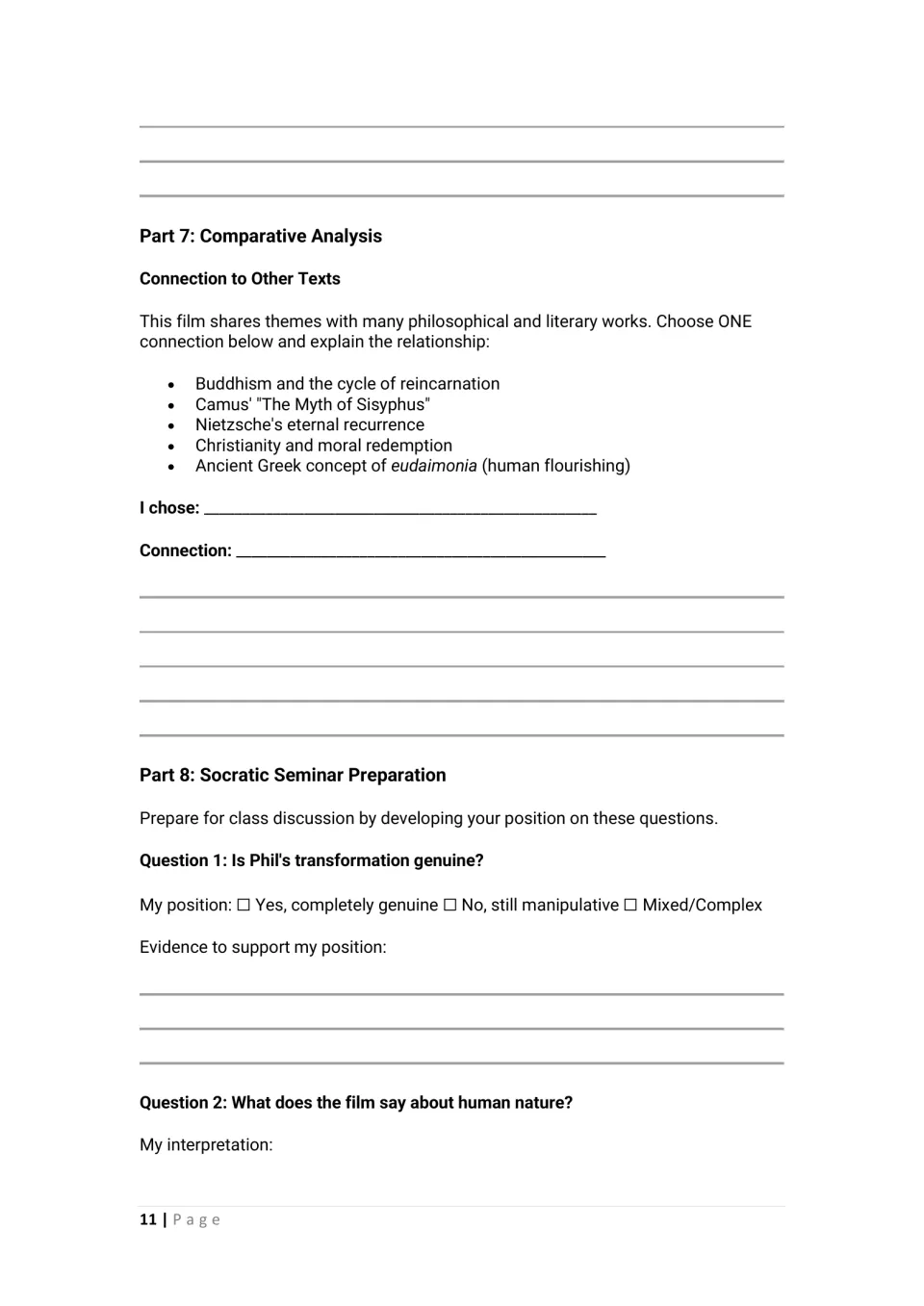 Student worksheet connects the film to philosophy and religion, then prepares positions for a Socratic seminar