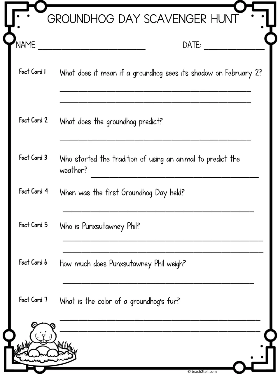 Scavenger hunt recording sheet for fact cards 1–7, covering shadows, holiday origins, Phil, and fur color