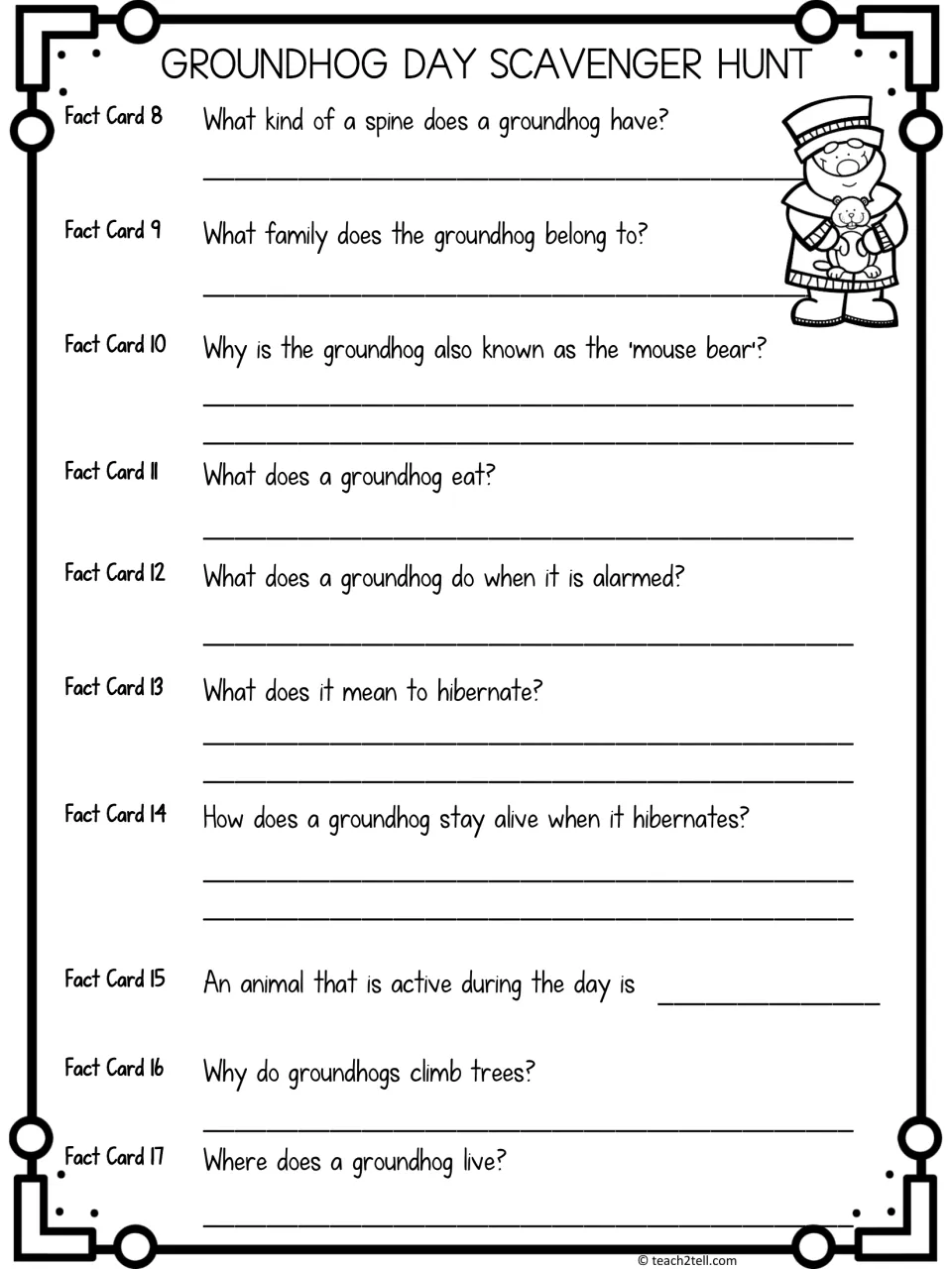Scavenger hunt recording sheet for fact cards 8–17, covering groundhog diet, hibernation, and burrow homes