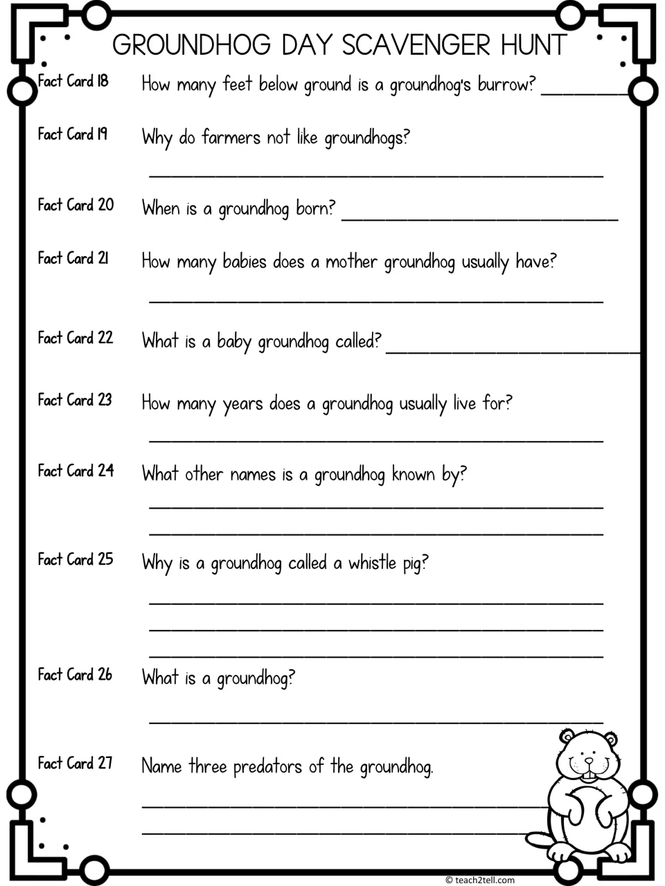 Scavenger hunt recording sheet for fact cards 18–27, covering burrows, babies, lifespan, and predators