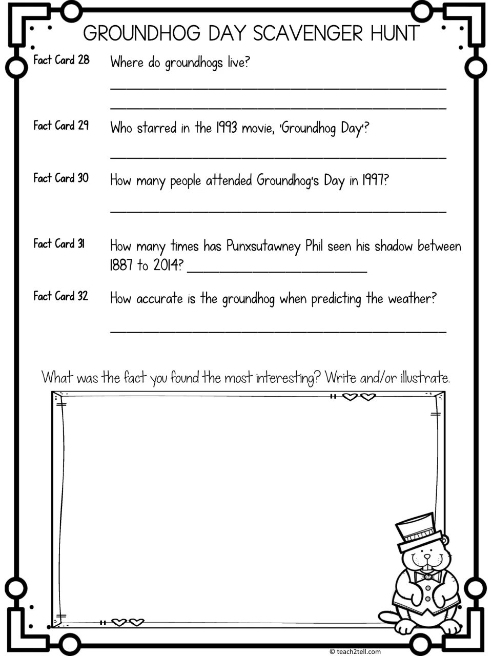 Scavenger hunt recording sheet for fact cards 28–32, plus a prompt to write or illustrate a favorite fact
