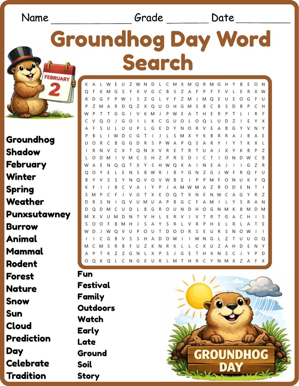 Groundhog Day word search in color: students find 30 words such as shadow, Punxsutawney, burrow and prediction