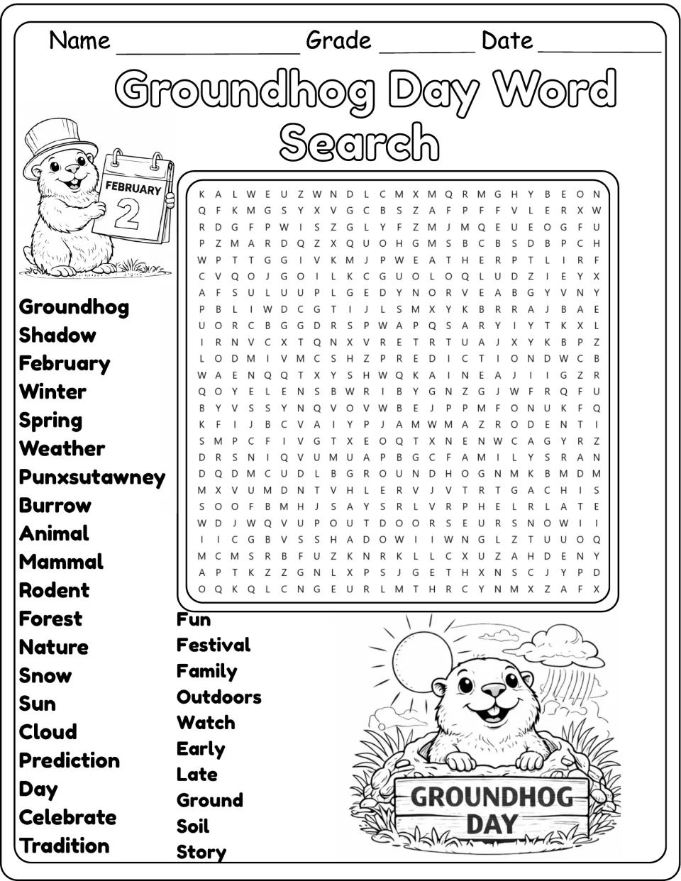 Groundhog Day puzzle, black-and-white version: students find the same 30 words, including mammal, rodent and tradition