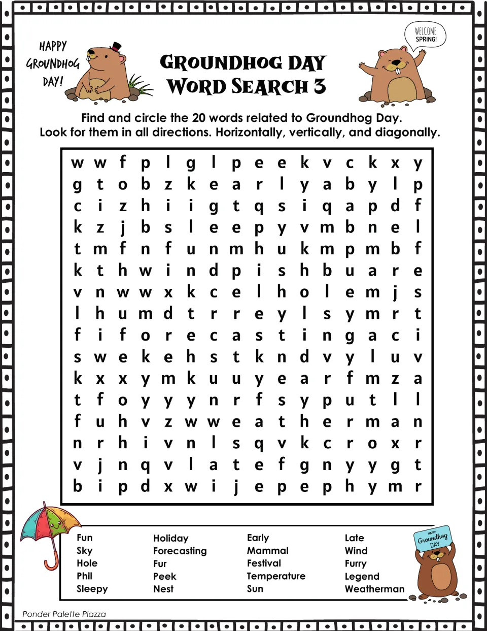 Groundhog Day Word Search 3: students find 20 words in all directions, including Phil, forecasting, legend and mammal