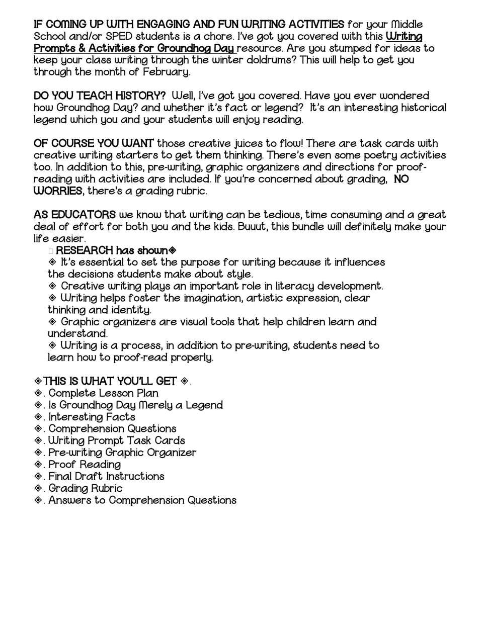 Resource overview lists a lesson plan, Groundhog Day reading, writing task cards, organizers, and a grading rubric