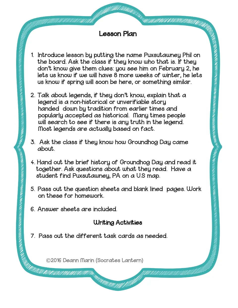 Lesson plan steps 1–7 introduce Phil and legends, assign Groundhog Day reading and questions, and start task cards