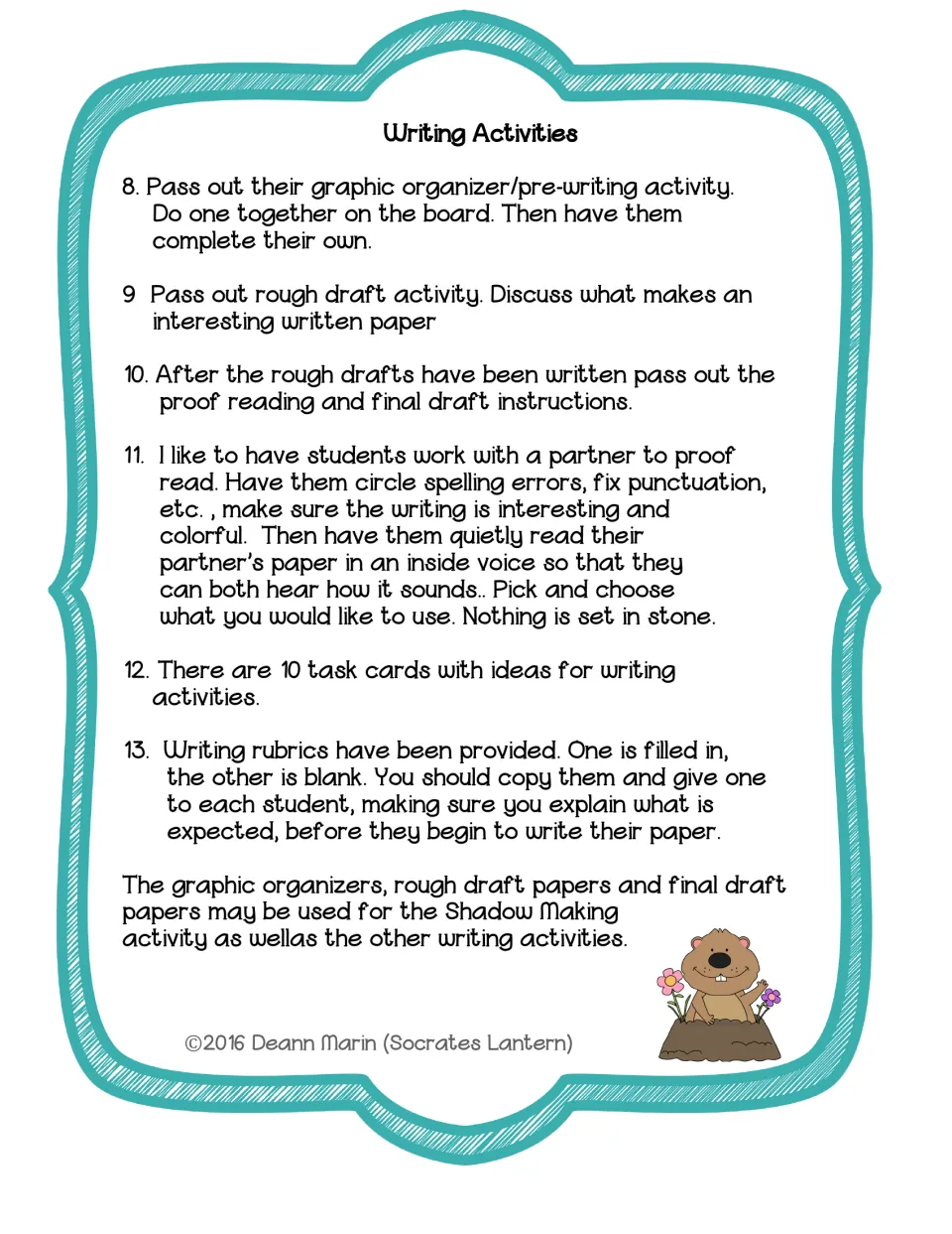 Lesson plan steps 8–13 cover prewriting, rough drafts, partner proofreading, 10 writing task cards, and rubrics