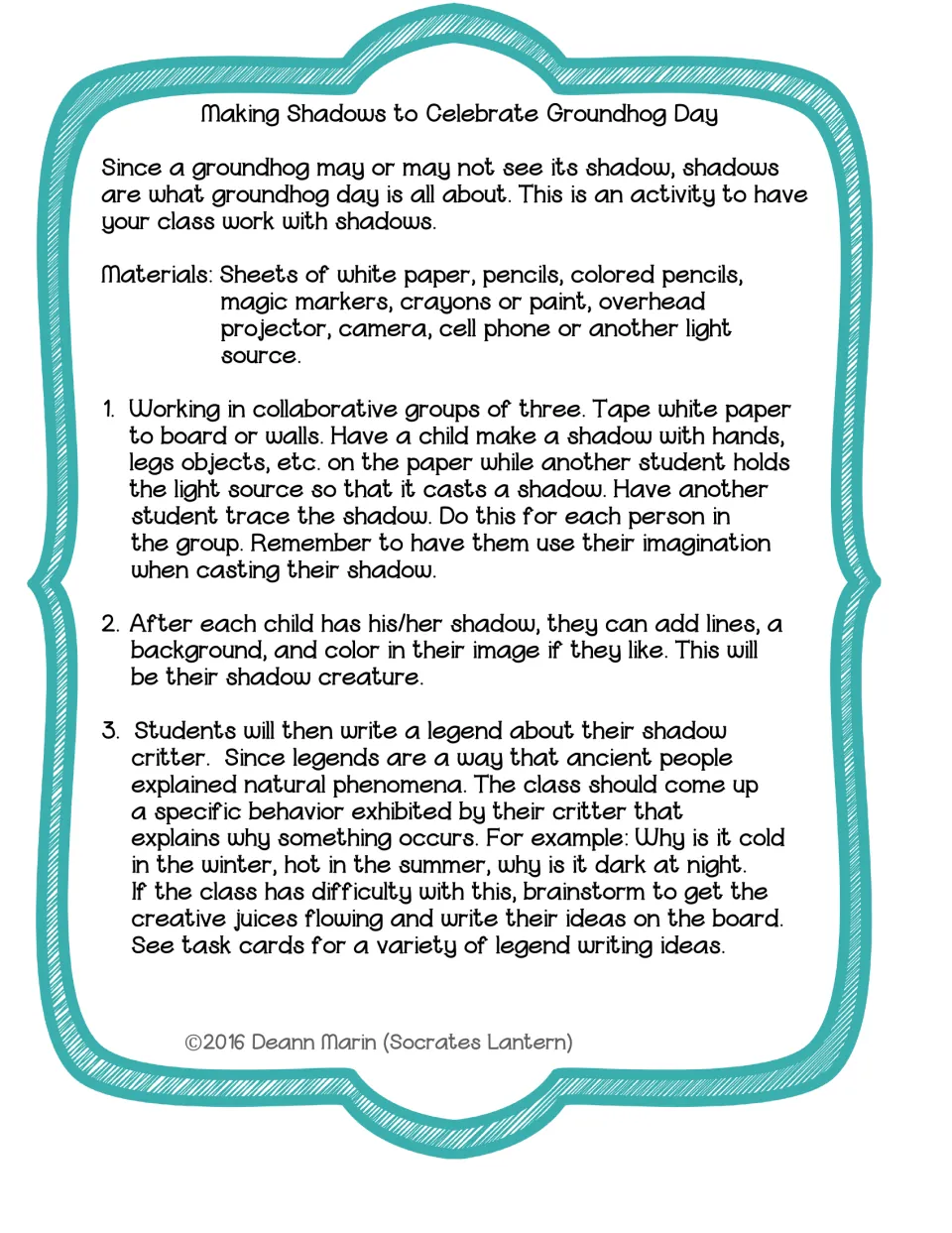 Shadow-making activity lists materials and steps for groups of three to trace creatures and write legends