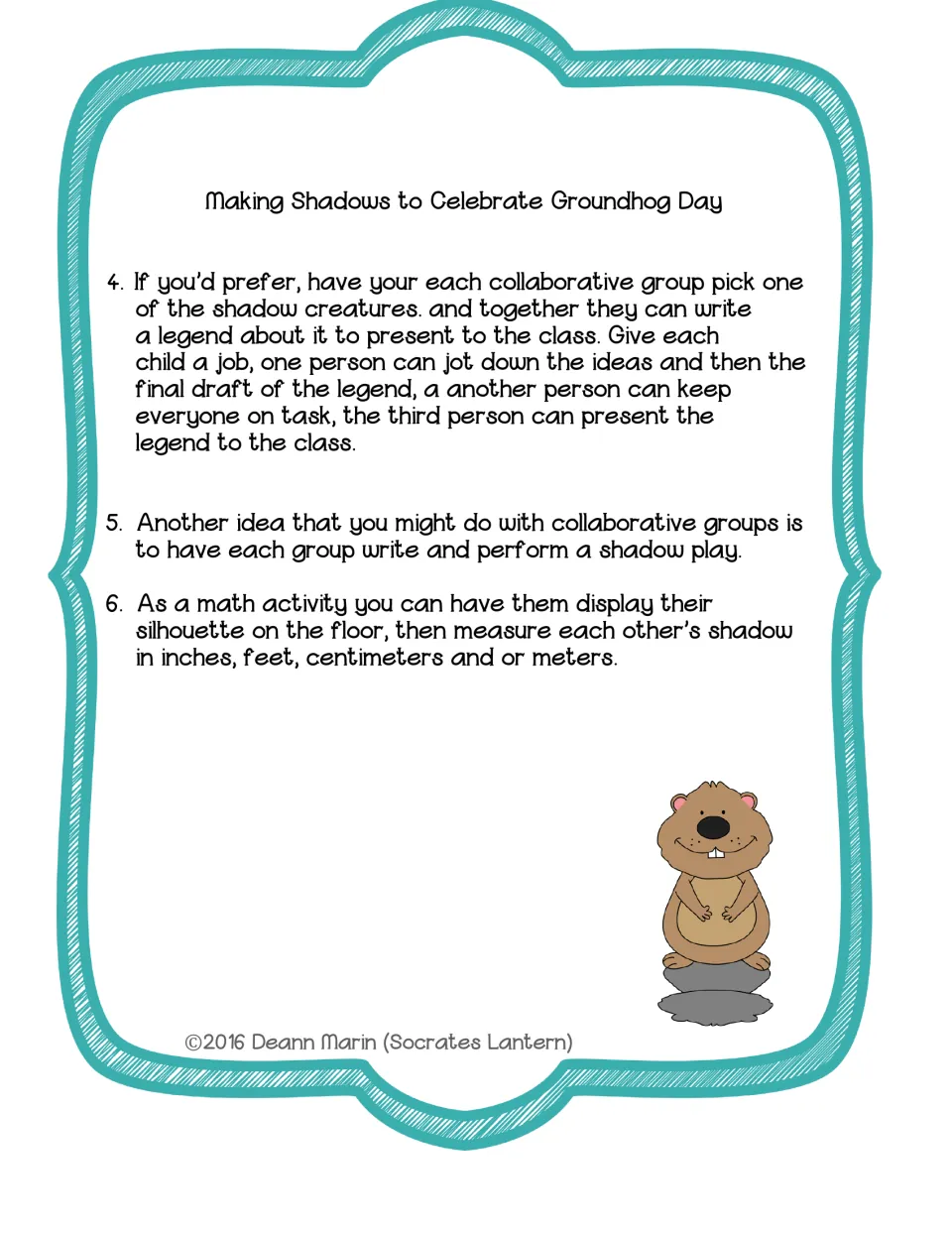 Shadow-making activity steps 4–6 offer group legend writing, a shadow play, and measuring classmates' shadows