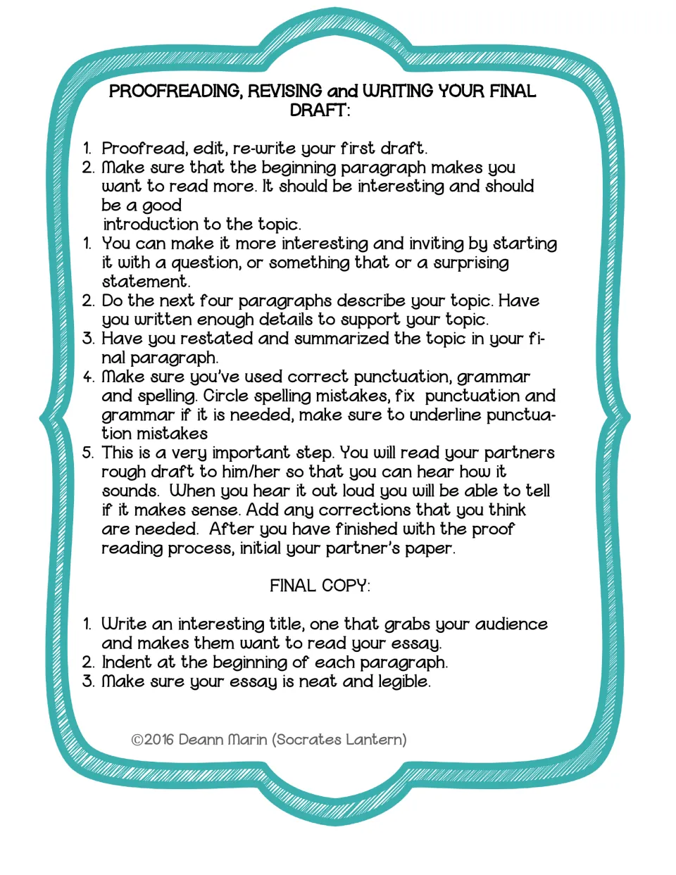 Proofreading and final-draft directions address introductions, supporting details, grammar, and partner reading