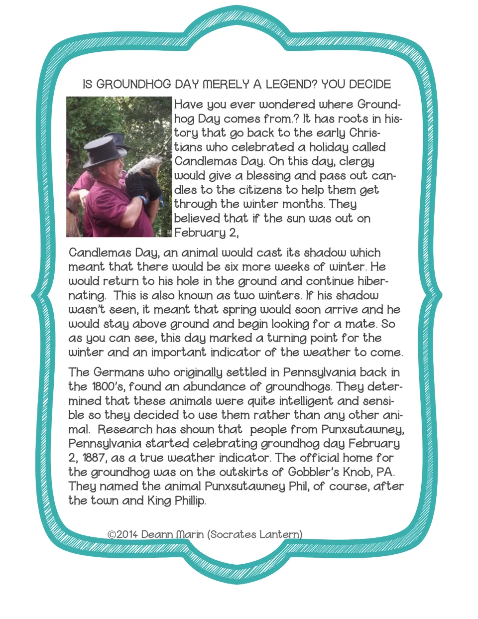 Groundhog Day history reading connects Candlemas, shadow traditions, German settlers, and Punxsutawney Phil