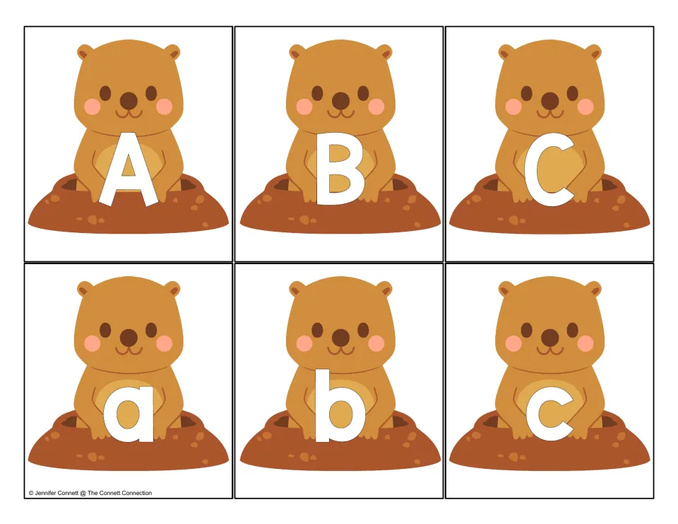 Letters A, B, C: six groundhog cards showing uppercase A B C and lowercase a b c for matching letter case