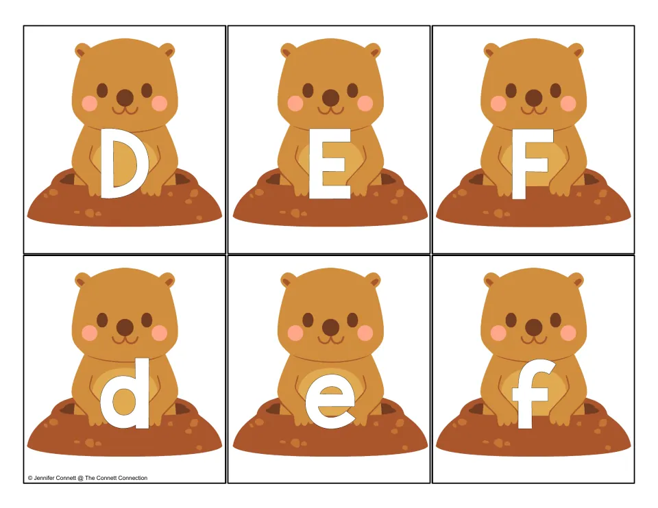 Letters D, E, F: groundhog cards with uppercase D E F and lowercase d e f for letter recognition and case matching