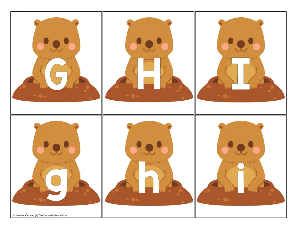 Letters G, H, I: six groundhog cards pairing uppercase G H I with lowercase g h i for naming and matching letters