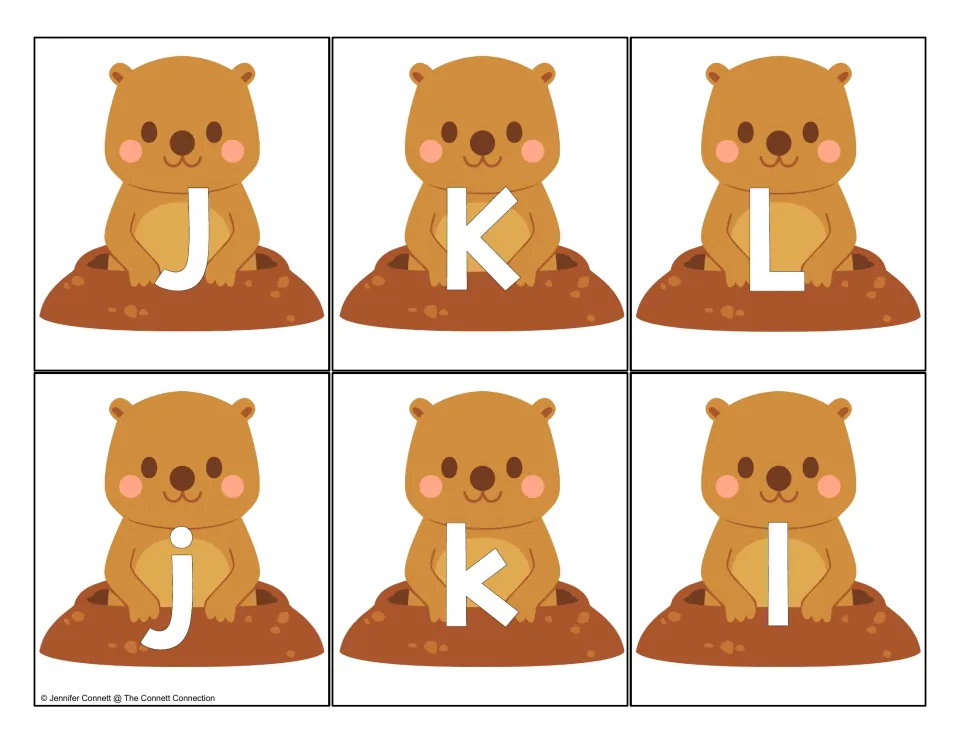 Letters J, K, L: groundhog cards with capital J K L on top and lowercase j k l below for upper-to-lower matching