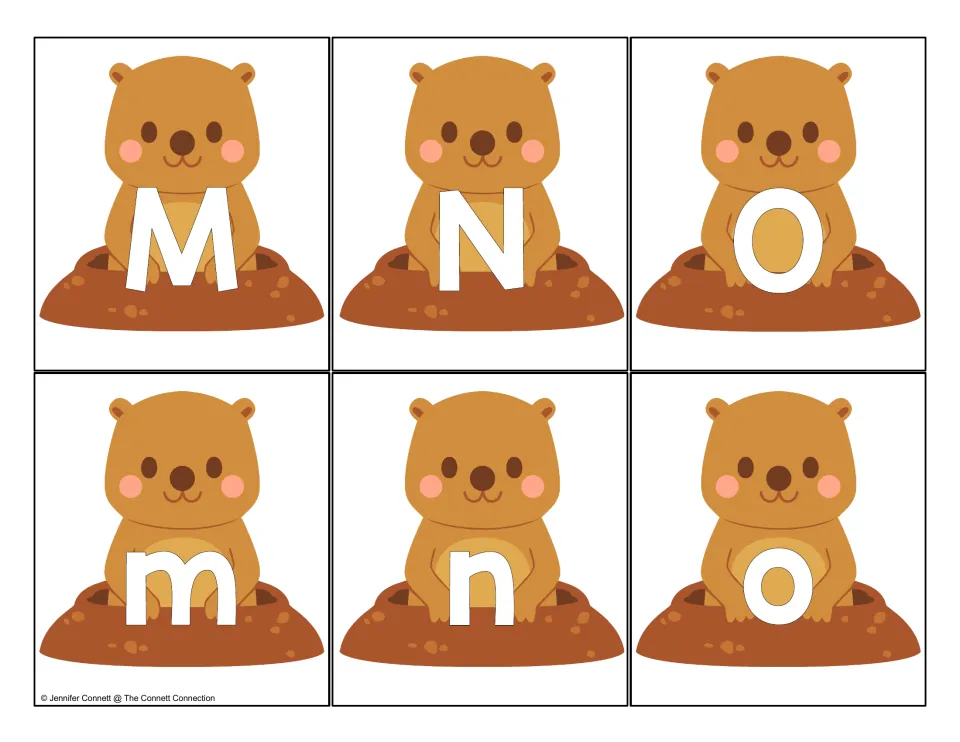 Letters M, N, O: six groundhog cards showing uppercase M N O and lowercase m n o for identifying letters by case
