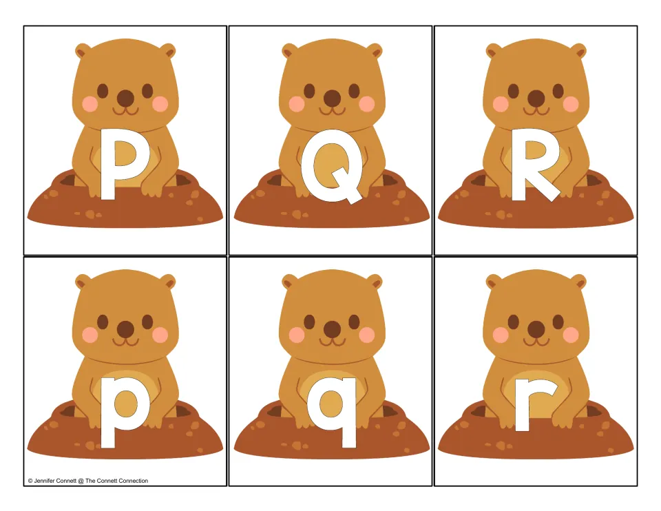 Letters P, Q, R: groundhog cards with uppercase P Q R and lowercase p q r for pairing capital and small letters