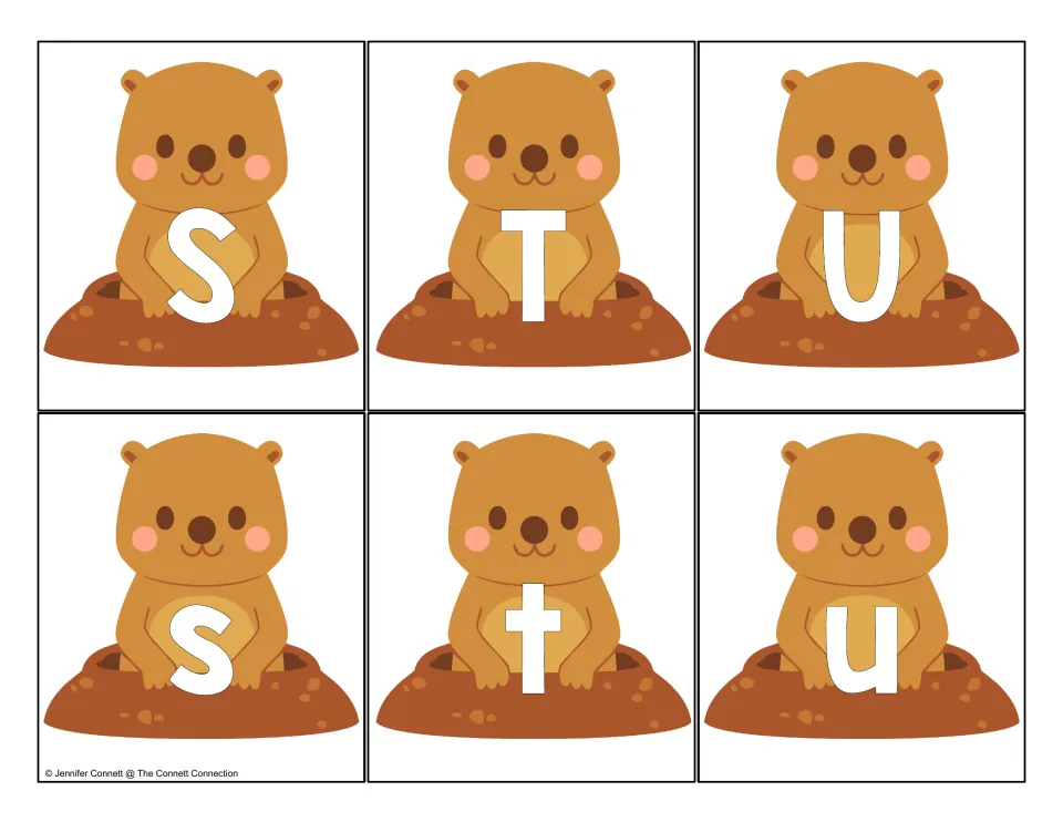 Letters S, T, U: six groundhog cards pairing capital S T U with lowercase s t u for letter identification