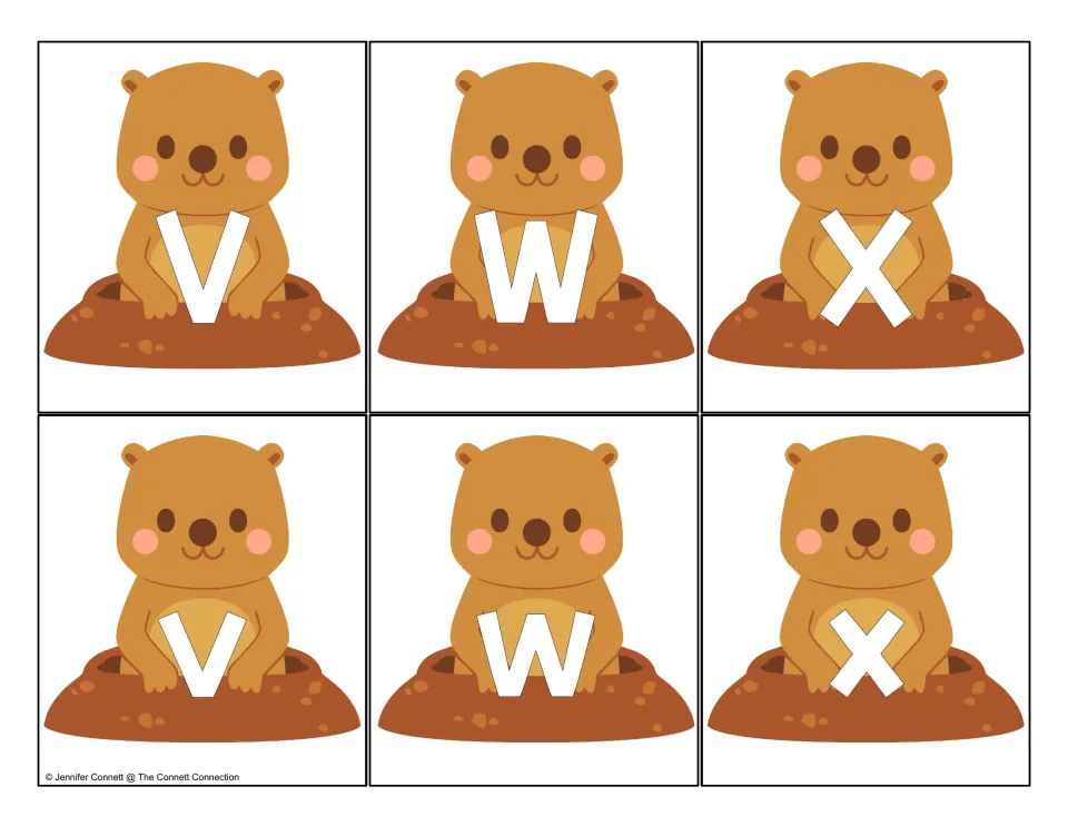 Letters V, W, X: groundhog cards with uppercase V W X above lowercase v w x for matching uppercase to lowercase