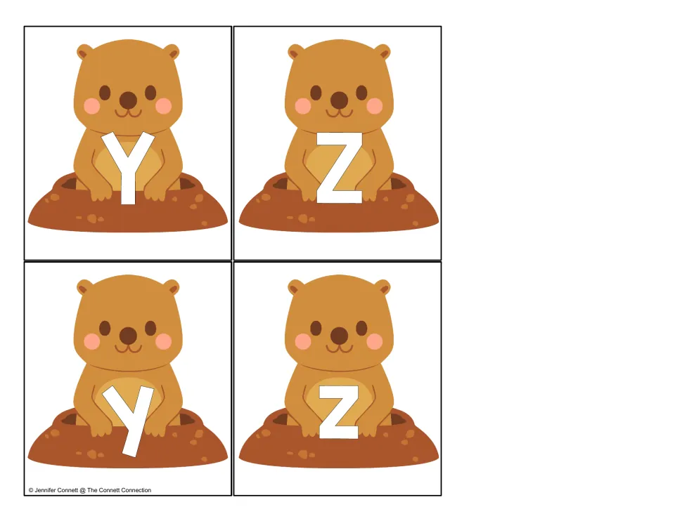 Letters Y and Z: four groundhog cards with uppercase Y Z and lowercase y z, finishing the alphabet card set