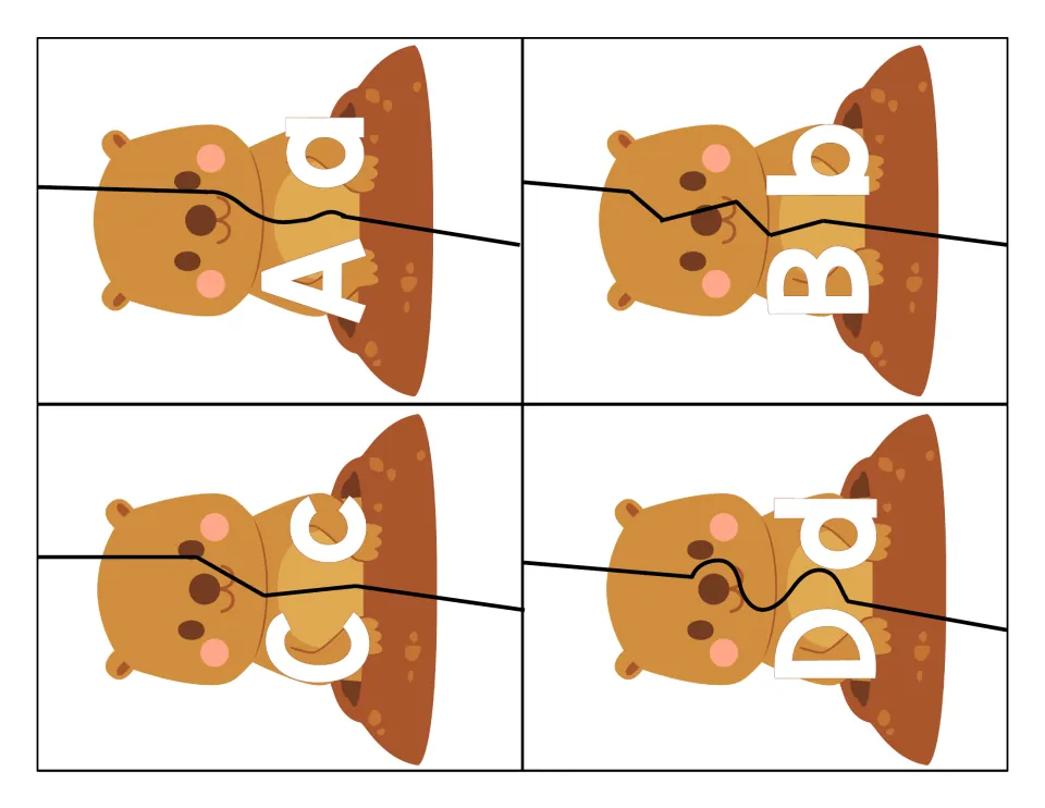 Letter matching A to D: four groundhog puzzles, each cut in two so students join uppercase and lowercase Aa, Bb, Cc, Dd