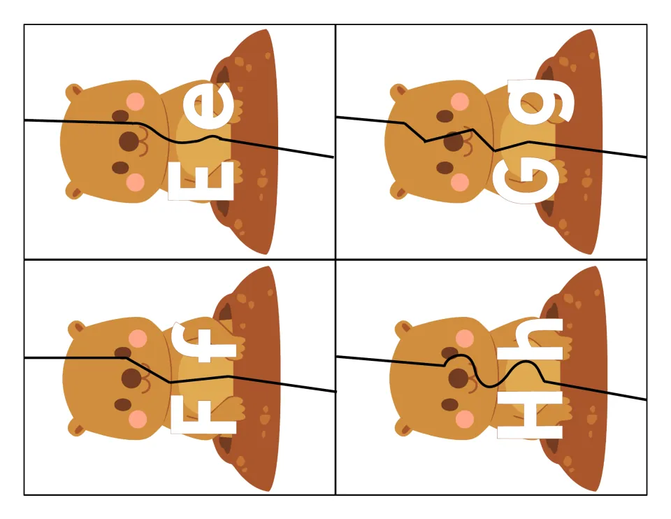 Letter matching E to H: groundhog puzzles split between capital and small letter; students rejoin Ee, Ff, Gg and Hh