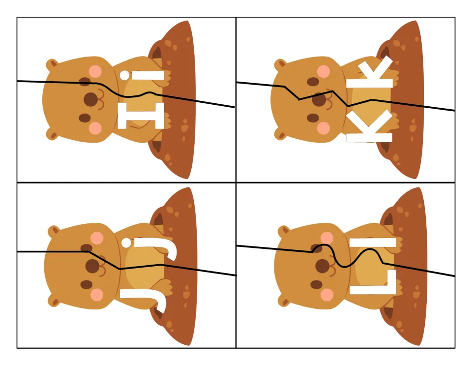 Letter matching I to L: two-piece groundhog puzzles where students pair each capital with its lowercase Ii, Jj, Kk, Ll