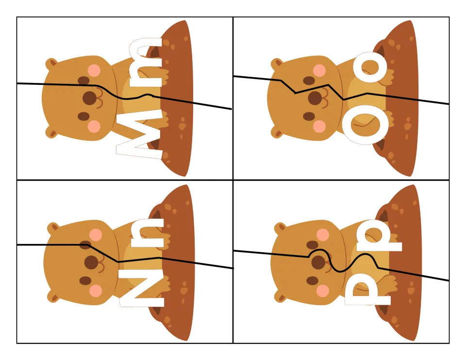 Letter matching M to P: groundhog puzzles with a cut line; students fit uppercase and lowercase halves of Mm, Nn, Oo, Pp